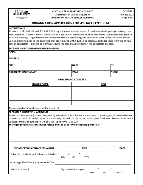 TC 96-333 Organization Application for Special License Plate first page