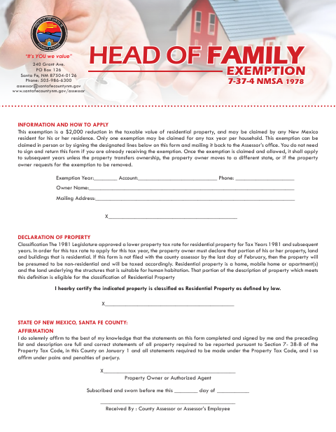 Head Of Family Exemption, Santa Fe County form, first page