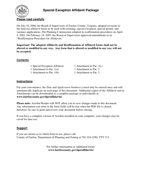 Special Exception Affidavit Package, Fairfax County form, first page