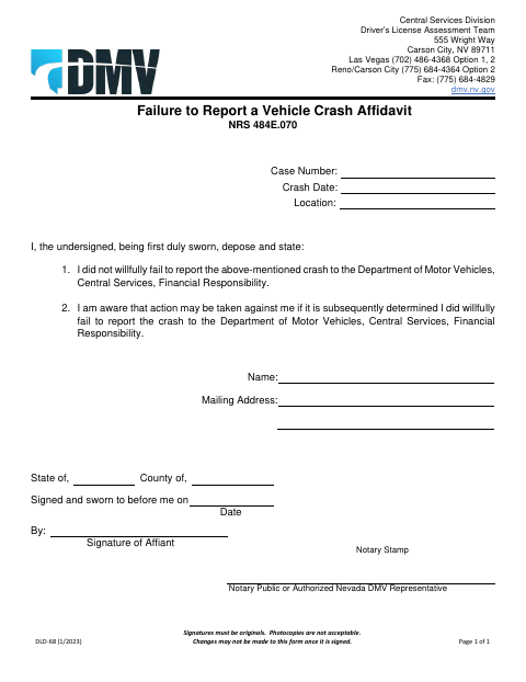 DLD-68 Failure to Report a Vehicle Crash Affidavit first page