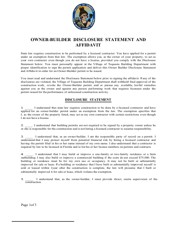 First page of the Owner-Builder Disclosure Statement and Affidavit