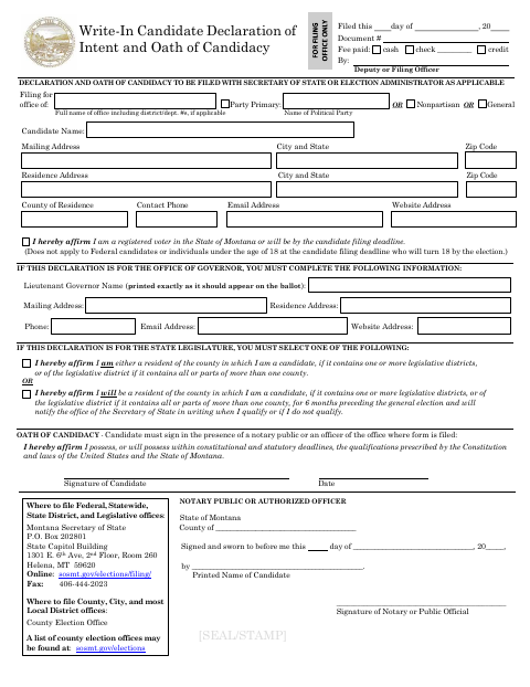 Write-In Candidate Declaration of Intent and Oath of Candidacy, Treasure County form, first page