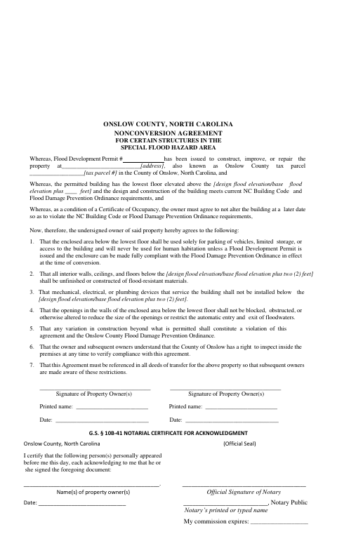 Nonconversion Agreement for Certain Structures in the Special Flood Hazard Area, Onslow County form, first page