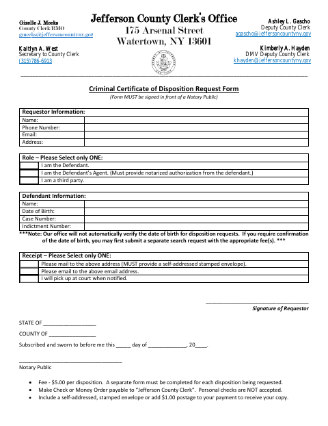 Criminal Certificate of Disposition Request, Jefferson County form, first page