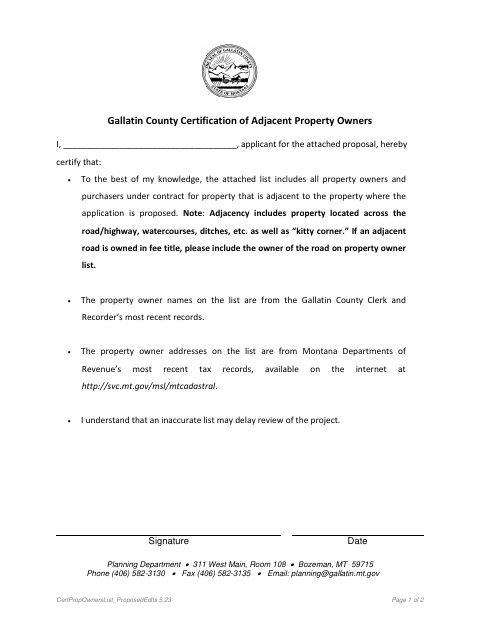 First page of the Certification of Adjacent Property Owners