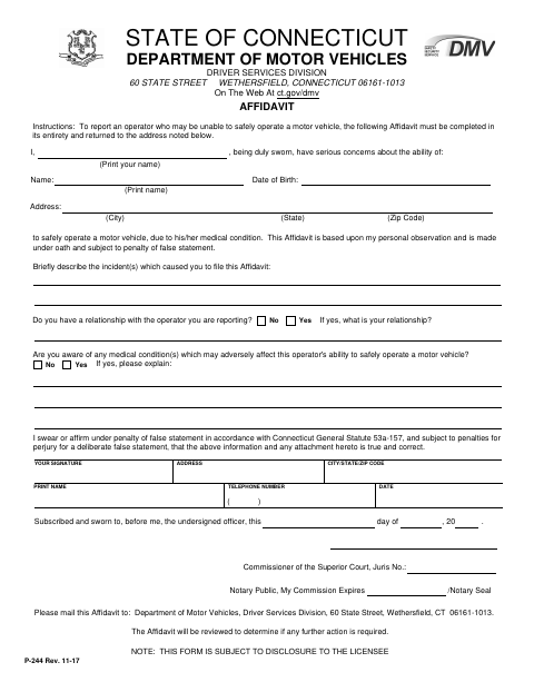 P-244 Affidavit to Report an Unsafe Driver first page