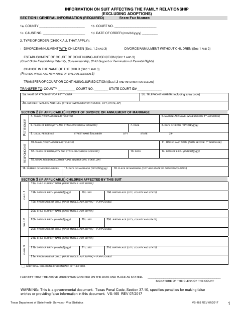 First page of the Information on Suit Affecting the Family Relationship (Excluding Adoptions)