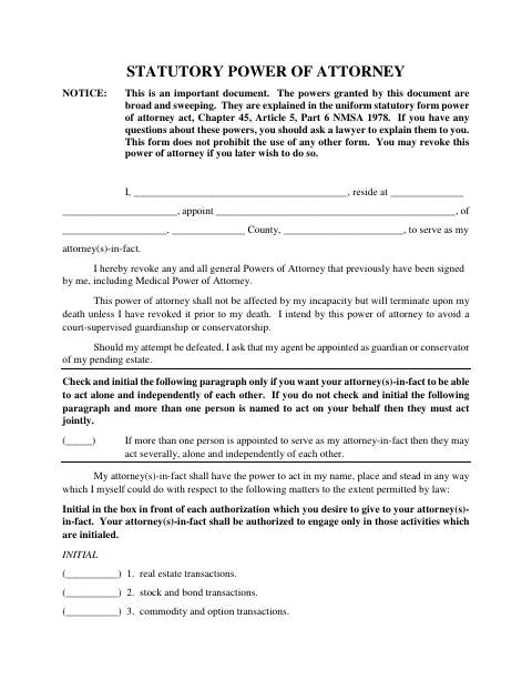 Statutory Power of Attorney, Lea County form, first page