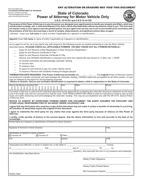 Power of Attorney for a Motor Vehicle Only (DR 2175) first page