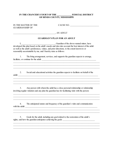Guardian’s Plan for an Adult, Hinds County form, first page