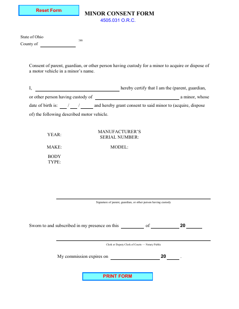 Minor Consent Form, Erie County form, first page