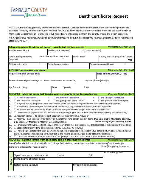 Death Certificate Request, Faribault County form, first page