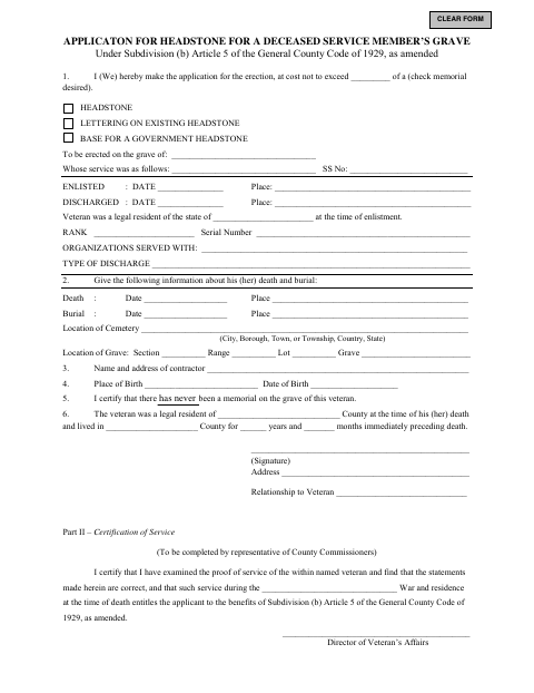 Application for Headstone for a Deceased Service Member’s Grave, Westmoreland County form, first page