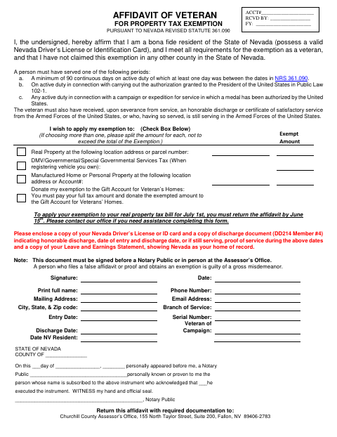 Affidavit of Veteran for Property Tax Exemption, Churchill County form, first page