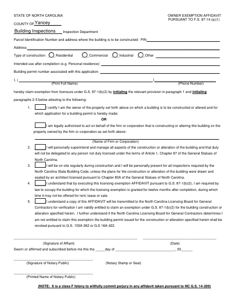 Owner Exemption Affidavit, Yancey County form, first page