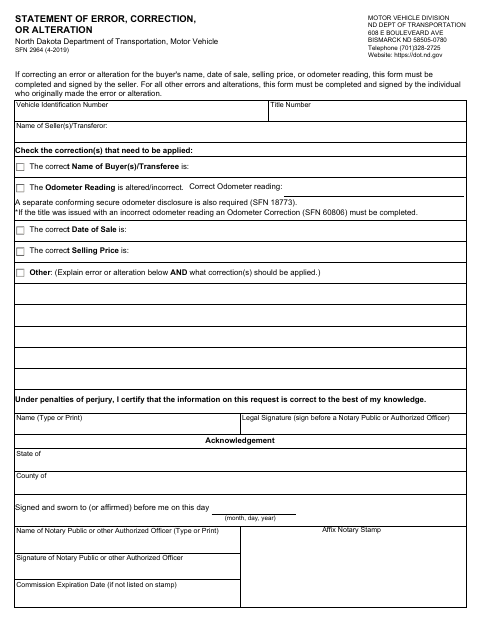 Statement of Error, Correction, or Alteration, Bottineau County form, first page