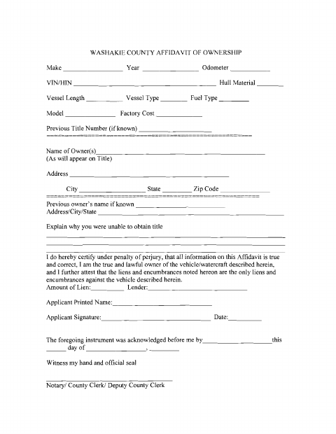 Affidavit of Ownership, Washakie County form, first page