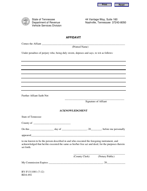 Affidavit, Putnam County form, first page