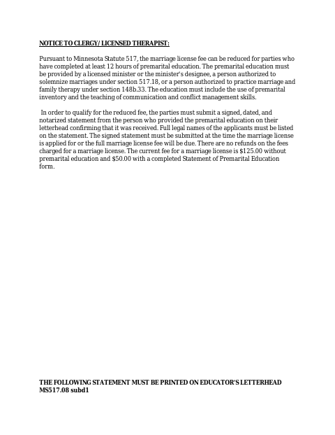Statement of Premarital Education, Kittson County form, first page