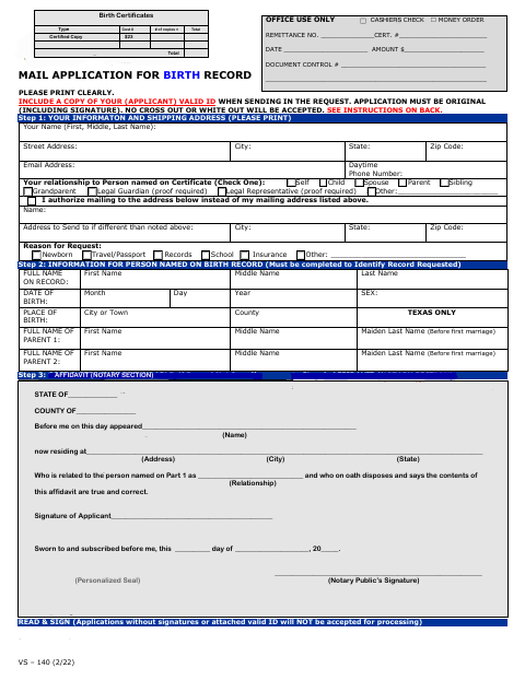Mail Application for Birth Record, Stephens County form, first page