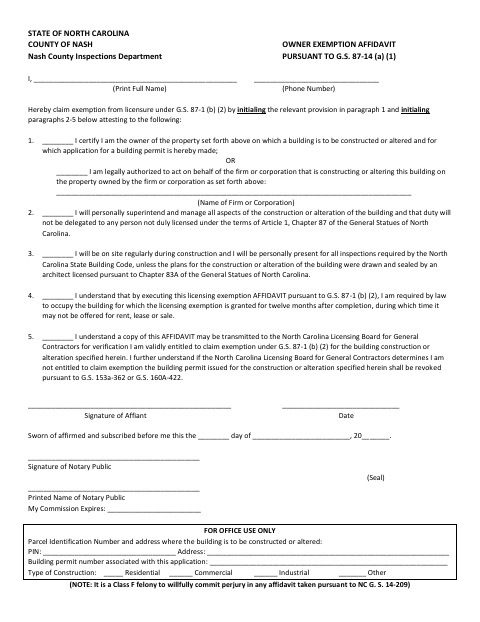 Owner Exemption Affidavit, Nash County form, first page