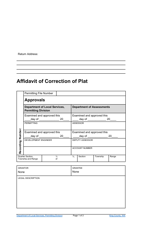 Affidavit of Correction of Plat, King County form, first page