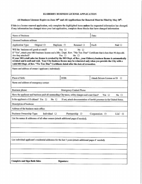 First page of the Business License Application