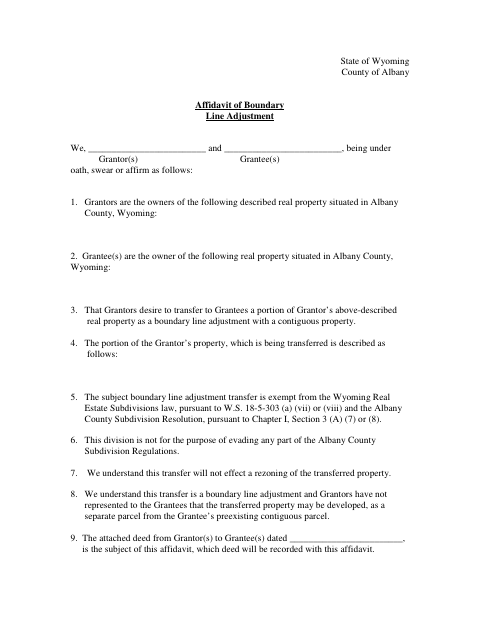 Affidavit of Boundary Line Adjustment, Albany County form, first page