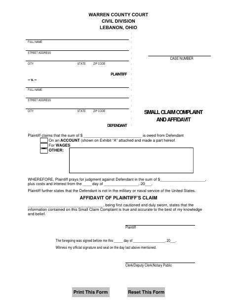 Small Claim Complaint and Affidavit, Warren County form, first page