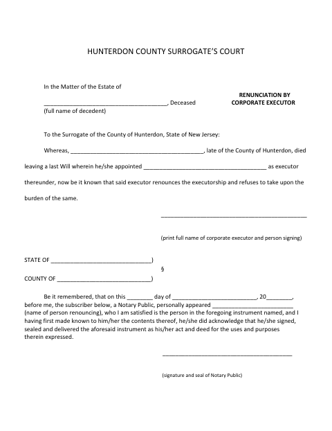 Renunciation by Corporate Executor, Hunterdon County form, first page