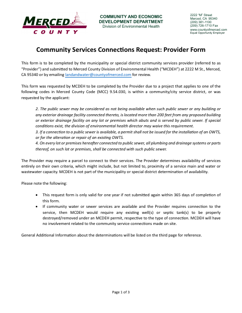 First page of the Community Services Connections Request: Provider Form