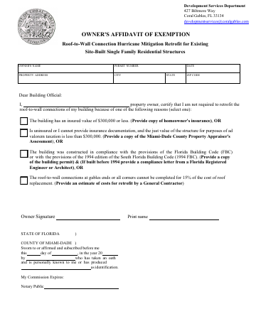 First page of the Owner's Affidavit of Exemption – Roof-to-Wall Connection