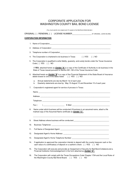 Bail Bond Corporate Application, Washington County form, first page