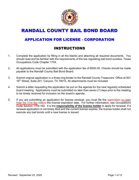 Corporation Application, Randall County form, first page