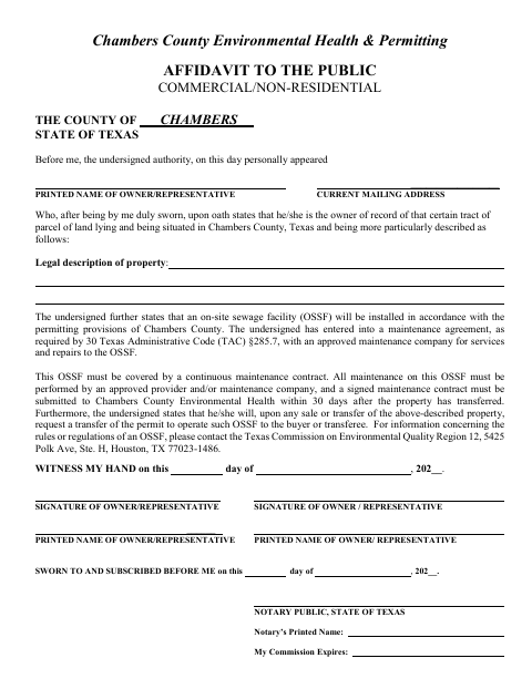 Commercial Affidavit to the Public, Chambers County form, first page