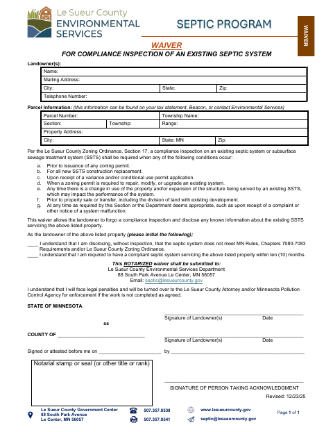 Waiver For Compliance Inspection Of An Existing Septic System, Le Sueur County form, first page