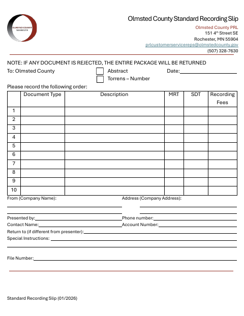 First page of the Standard Recording Slip