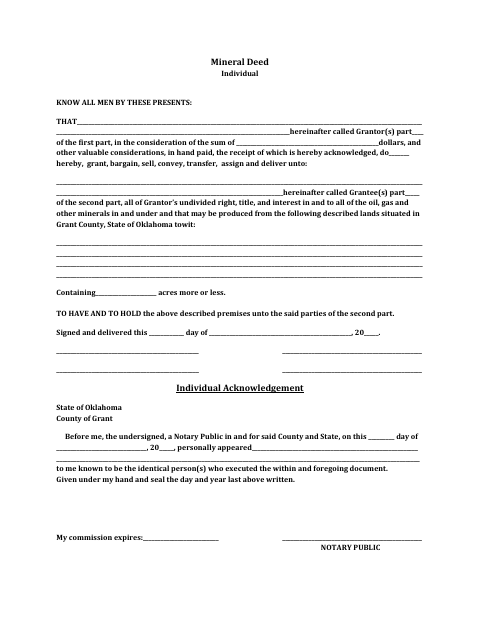 Individual Mineral Deed, Grant County form, first page