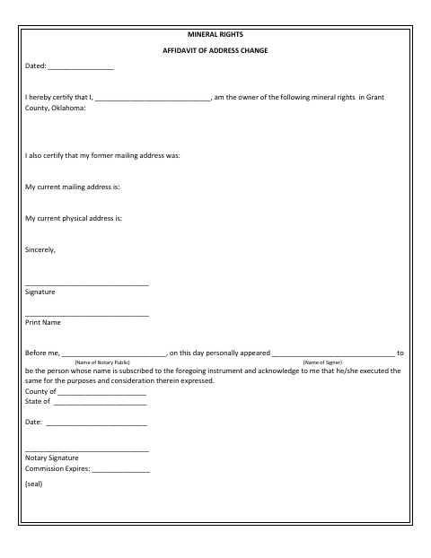 Mineral Rights Affidavit of Address Change, Grant County form, first page