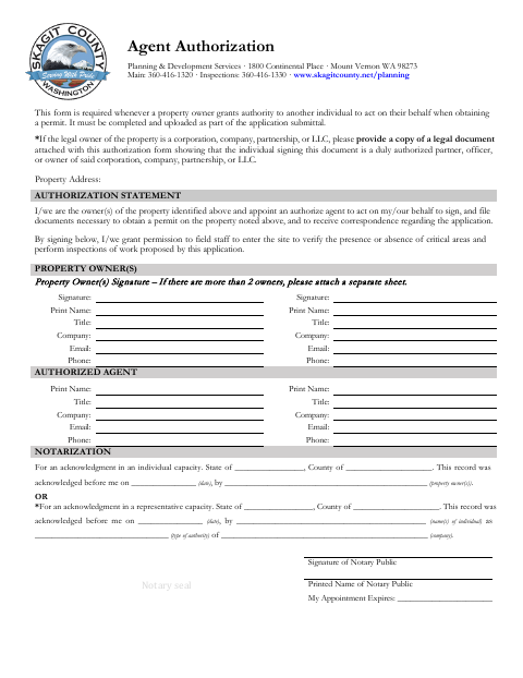 Agent Authorization, Skagit County form, first page