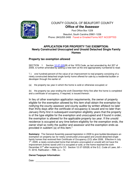 Application for Property Tax Exemption for Newly Constructed Homes, Beaufort County form, first page