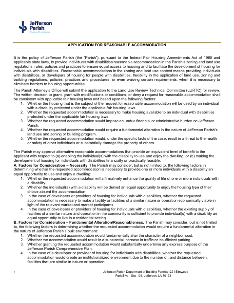 Application For Reasonable Accommodation, Jefferson Parish form, first page