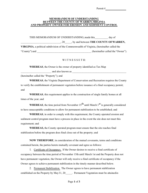 Memorandum of Understanding for Erosion and Sediment Control, Warren County form, first page