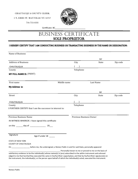 Business Certificate for Sole Proprietorship, Chautauqua County form, first page