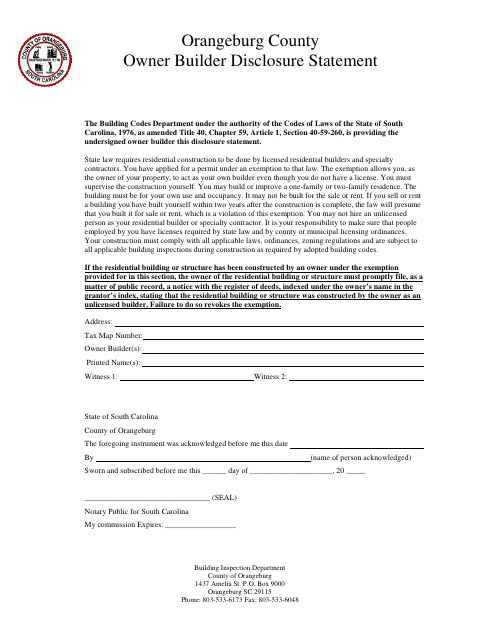 Owner Builder Disclosure Statement, Orangeburg County form, first page