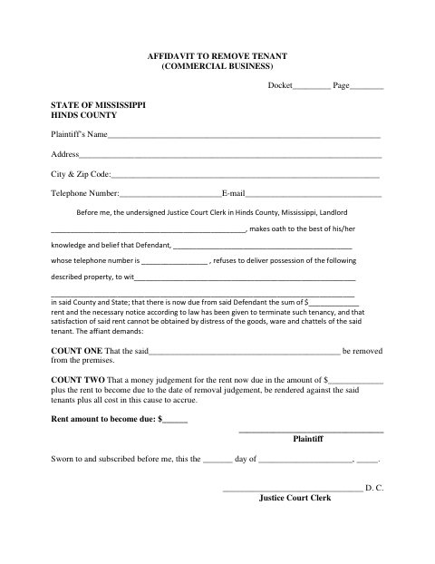 Affidavit to Remove Tenant (Commercial Business), Hinds County form, first page