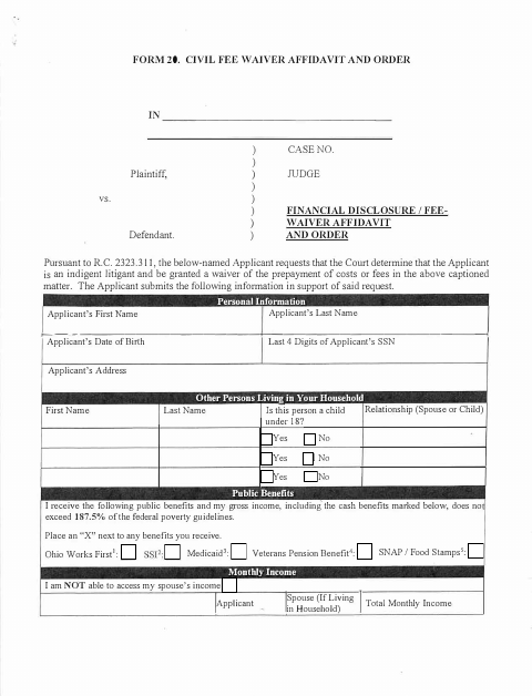 Civil Fee Waiver Affidavit And Order, Lucas County form, first page