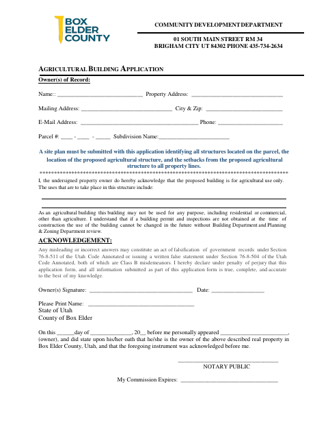 Agricultural Building Application, Box Elder County form, first page