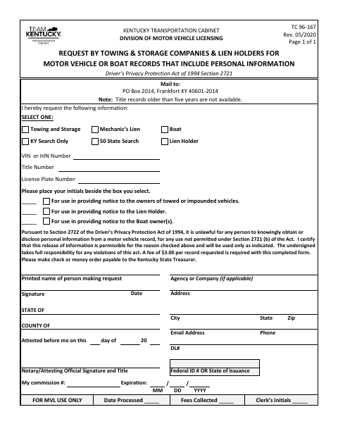 TC 96-16T Motor Vehicle Records Request first page