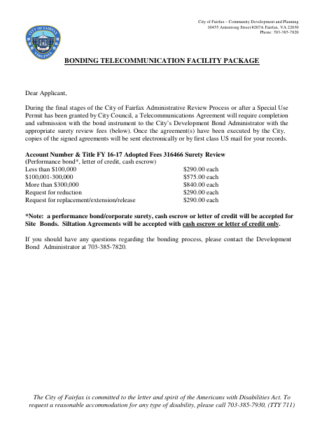 Bonding Telecommunication Facility Package, City of Fairfax form, first page